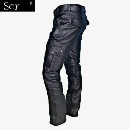 Pantalones de cuero con bolsillos para motocicleta - Image 2