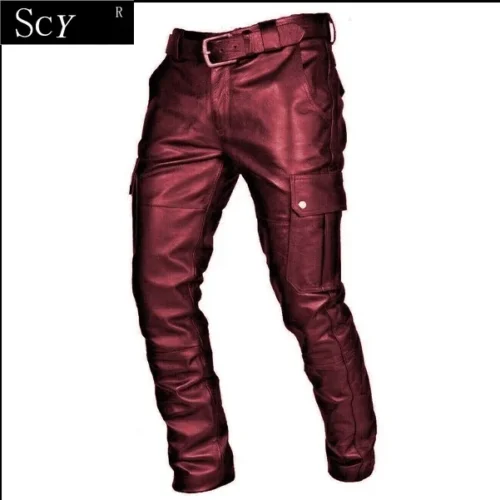 Pantalones de cuero con bolsillos para motocicleta - Image 5