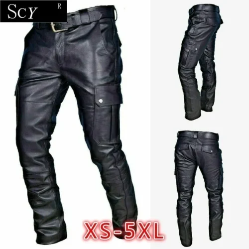 Pantalones de cuero con bolsillos para motocicleta