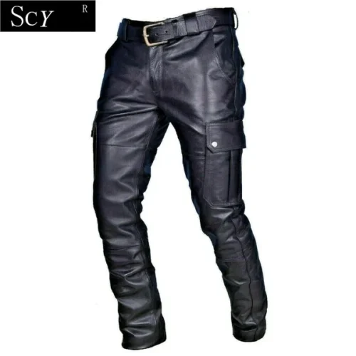 Pantalones de cuero con bolsillos para motocicleta - Image 3