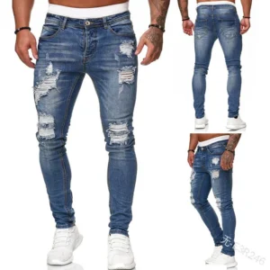 Jeans ajustados rasgados estilo Punk hombre