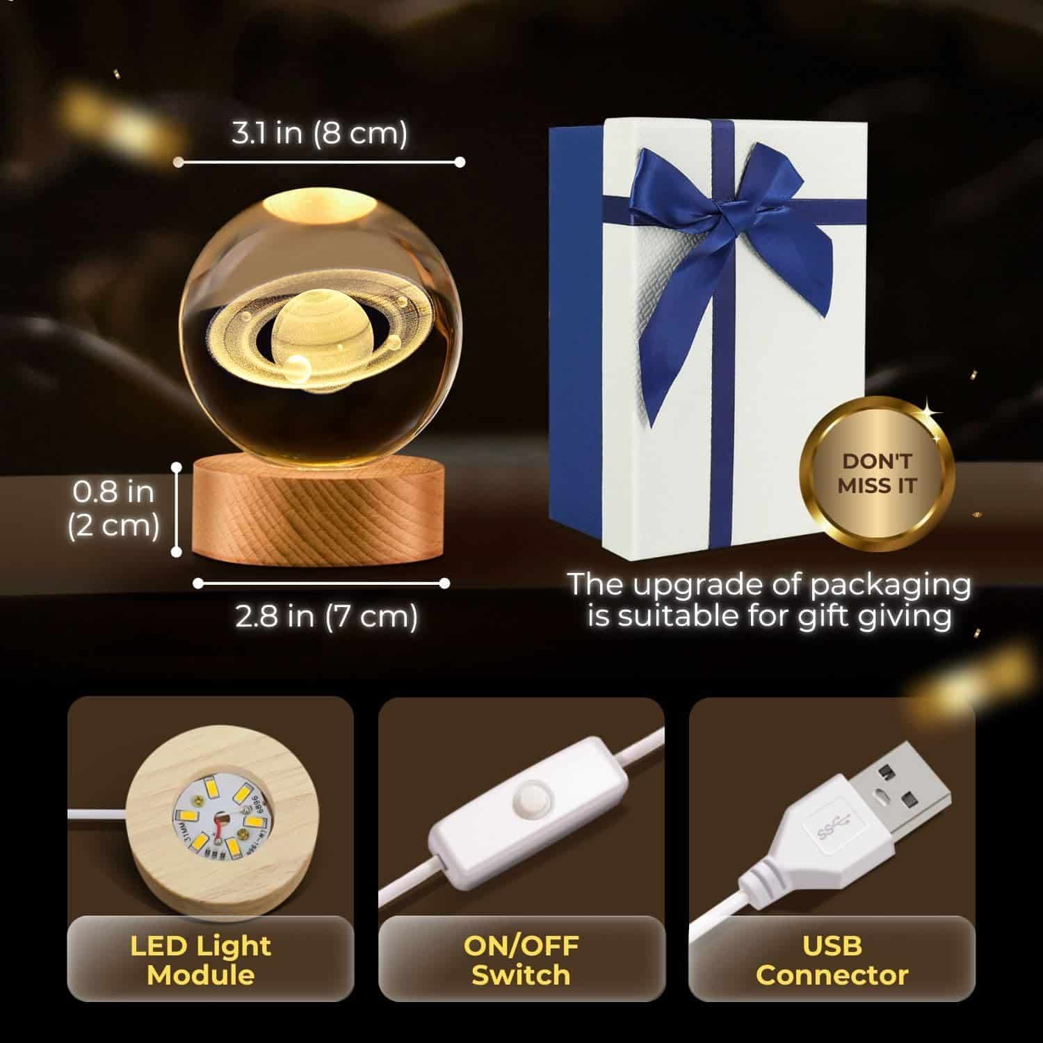 Luz nocturna LED con bola de cristal 3D de Saturno, incluye base de madera, interruptor de encendido/apagado, conector USB y empaquetado elegante para regalo.
