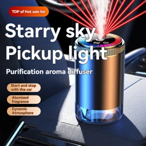 Ambientador inteligente recargable para coche con niveles ajustables de aroma y luz estrellada.