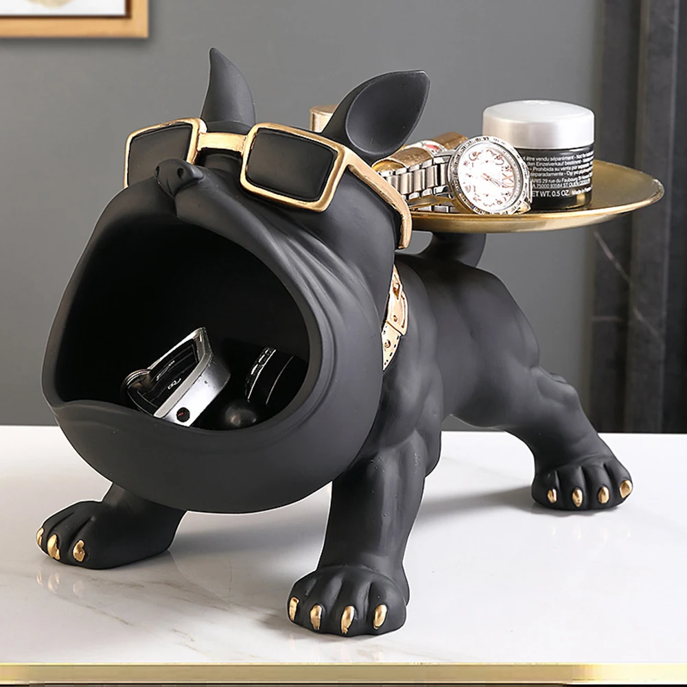 Escultura de Bulldog Francés decorativa con bandeja multifuncional para llaves y monedas.
