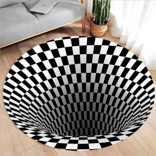 Alfombra redonda de ilusión óptica 3D con diseño de vórtice y base antideslizante.