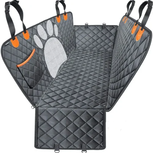 Funda de asiento impermeable para perro con ventana de malla y cremallera lateral para coche.