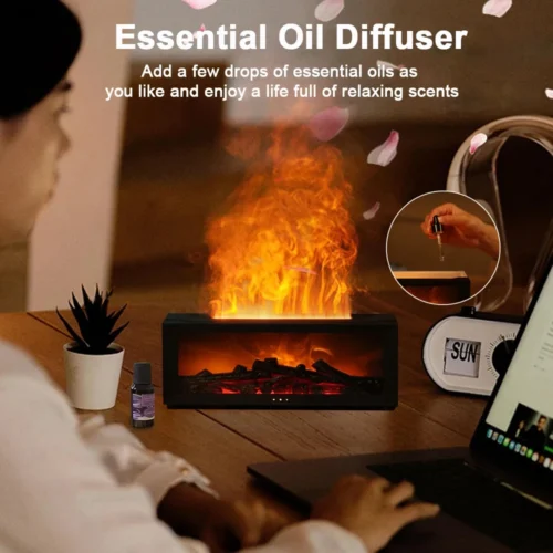 Humidificador de aire con llama, difusor de aceites esenciales y luz nocturna para aromaterapia